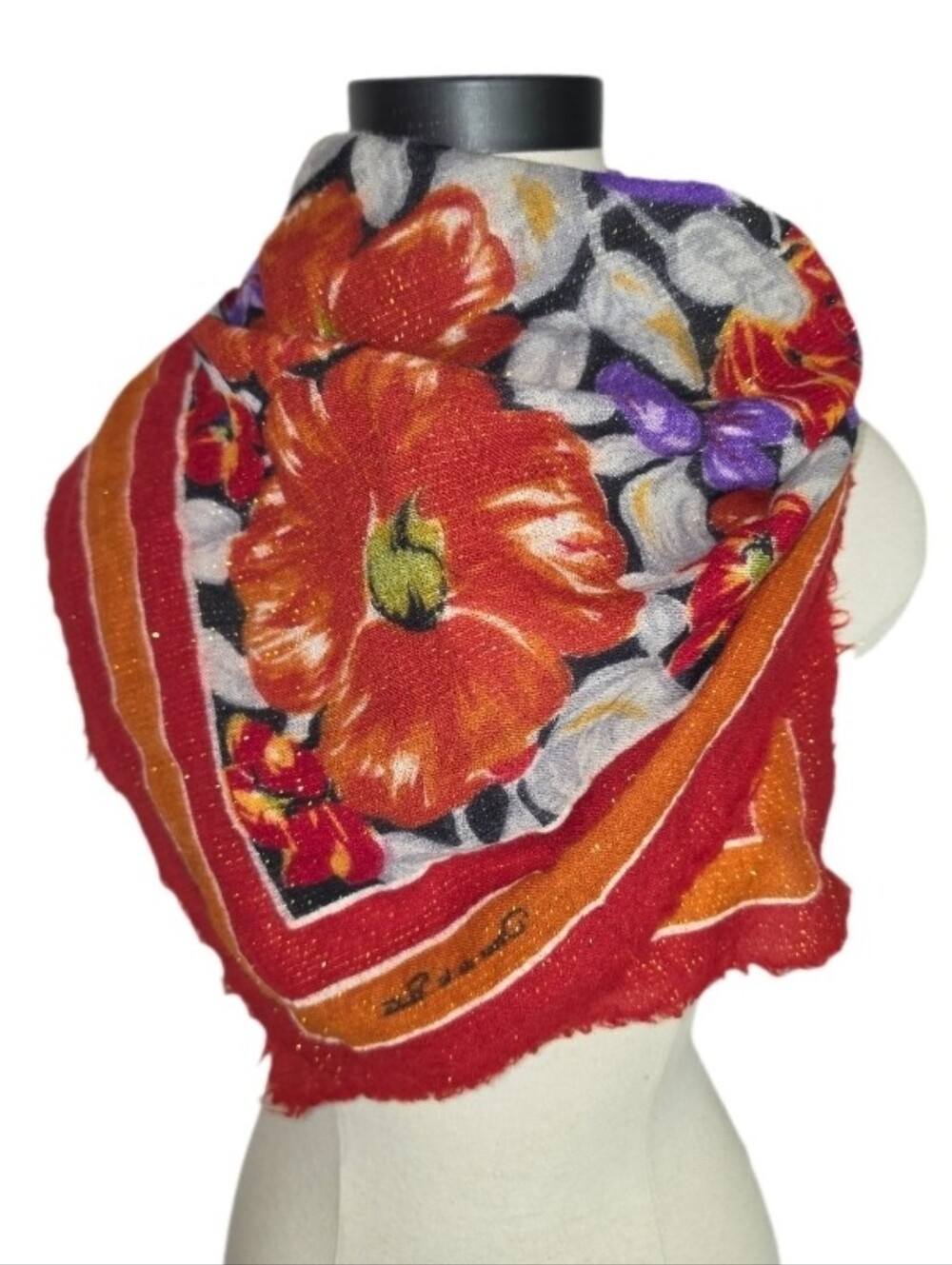 Oscar De La Renta Scarf Vintage Floral Striped Burnt Orange Size OS
